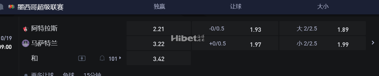 墨西哥超级联赛 10/19 09:00 阿特拉斯 VS马萨特兰