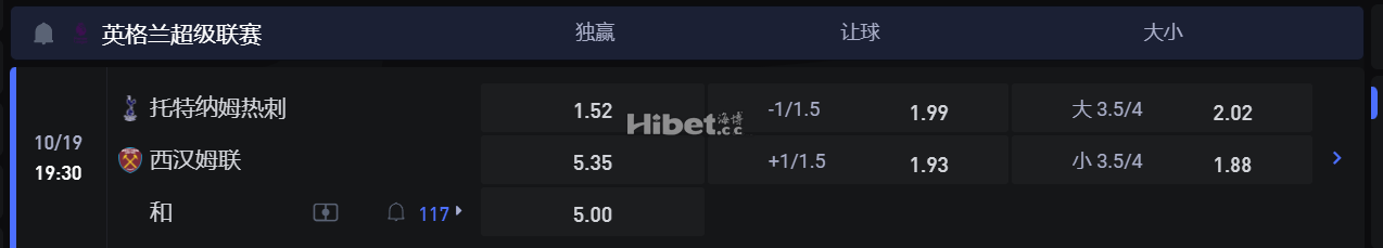 英格兰超级联赛  10/19 19:30 托特纳姆热刺VS 西汉姆联