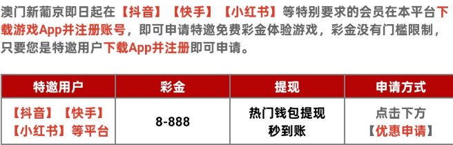 【新葡京2848】优惠中申请小红书快手彩金送18