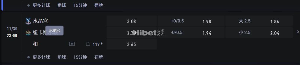 英格兰超级联赛   11/30  23:00   水晶宫V S 纽卡斯尔联