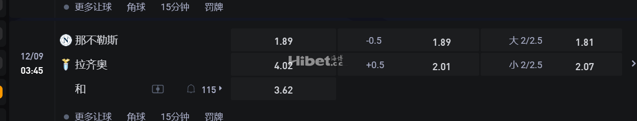 意大利甲级联赛 03:45 那不勒斯 VS拉齐奥