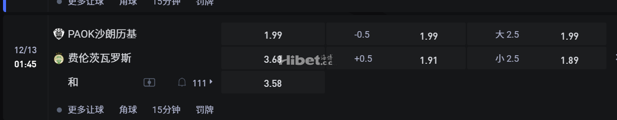 欧足联欧洲联赛13 01:45 PAOK沙朗历基 VS费伦茨瓦罗斯