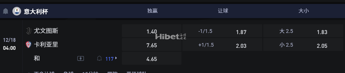 意大利杯 12/18 04:00 尤文图斯 VS卡利亚里